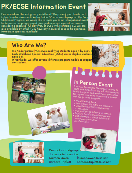 Looking for a teaching job in #EarlyChildhood ? Join us December 1, 2022 <a href="/NISDFernandez/">Fernandez Elementary</a> to see our #ECE programs and learn about a fabulous career in <a href="/NISD_ECE/">Northside ISD Early Childhood Education</a> <a href="/NISD/">Northside ISD</a> <a href="/nisdhr/">Northside ISD HR</a>