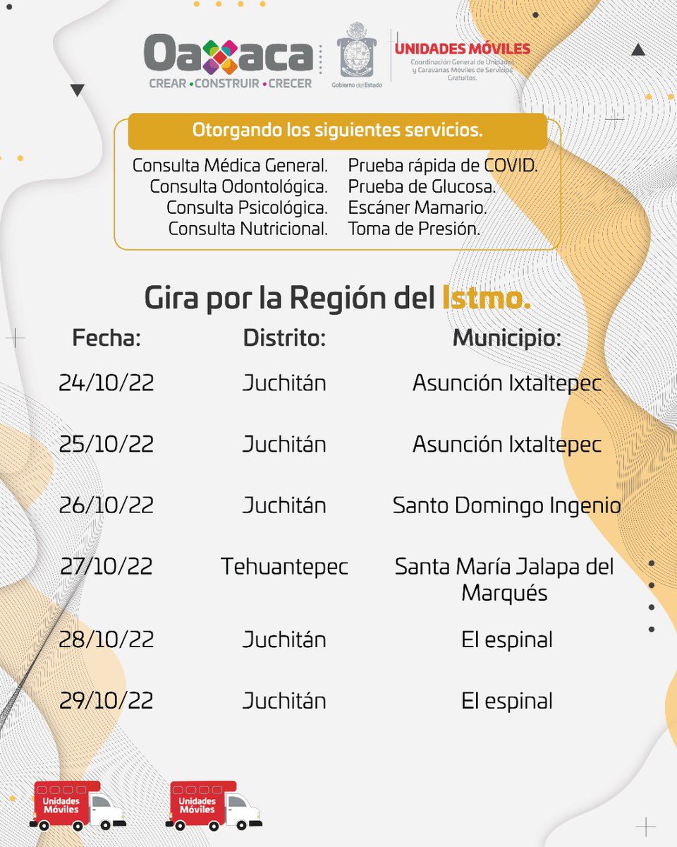 Brindamos las atenciones médicas a quienes más lo requieren.
Trabajando junto con el <a href="/GobOax/">Gobierno de Oaxaca</a> hacemos llegar a los municipios de la Región del Istmo los servicios de salud gratuitos a sus pobladores en esta gira del 24 al 29 de Octubre.
