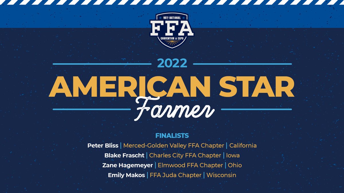 NationalFFA's tweet photo. The American Star Farmer is awarded to the FFA member who demonstrates the top production agriculture SAE in the nation.

Meet the 2022 American Star Farmer finalists through video 📽️ now: ▶️https://t.co/BfGMVdGWa5 https://t.co/UphFCmUzcM