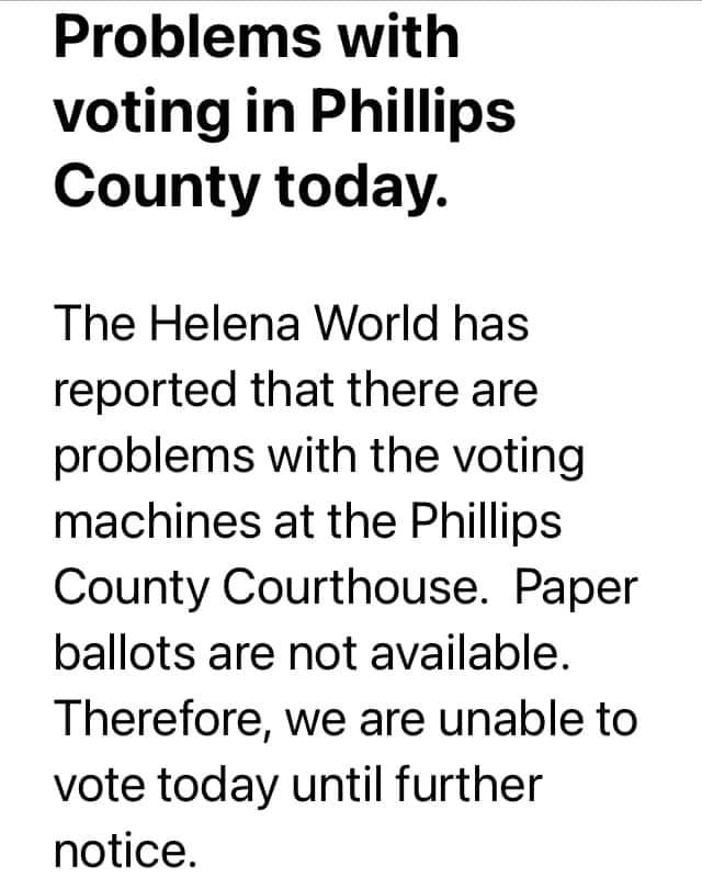 Update: Early voting was delayed this morning in Phillips County, Arkansas. Paper ballots are now reported to be available. The Helena World and KFFA are following the story.