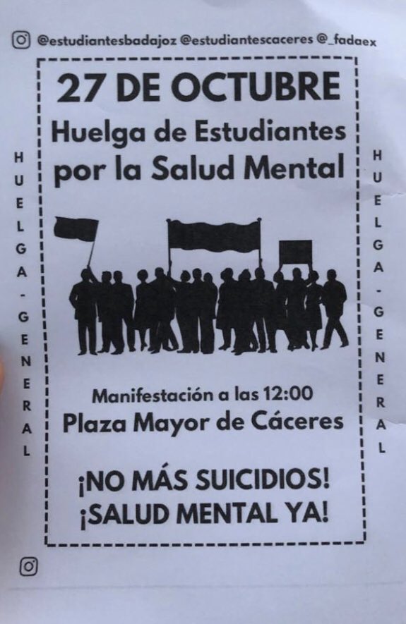 ElenaramirezTO's tweet photo. Los estudiantes de 1ro de Terapia Ocupacional de la Facultad de Enfermería y Terapia ocupacional de Cáceres, nos unimos a la huelga para alzar la voz por la Salud Mental, que juega un papel muy importante en el ámbito Sociosanitario. ¡Os animo! #FundaFENTO https://t.co/smP16G1RaI