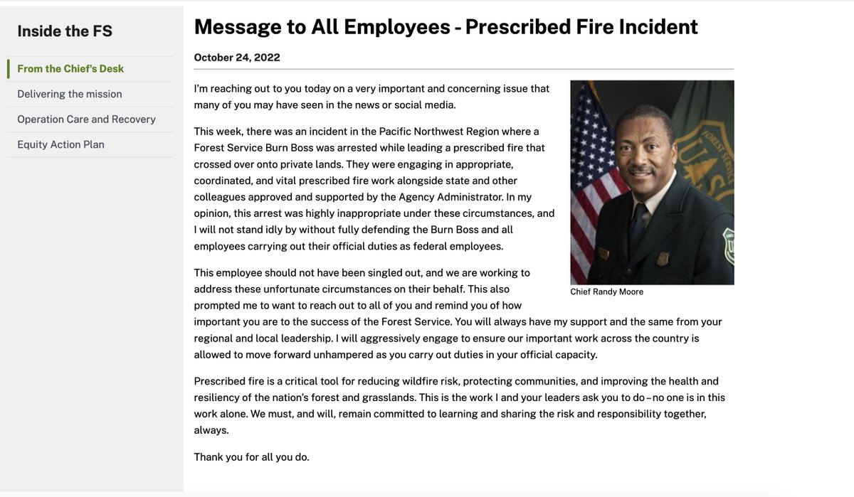 Forest Service chief Randy Moore issued this statement about the arrest of a burn boss in Oregon's Grant County last week.