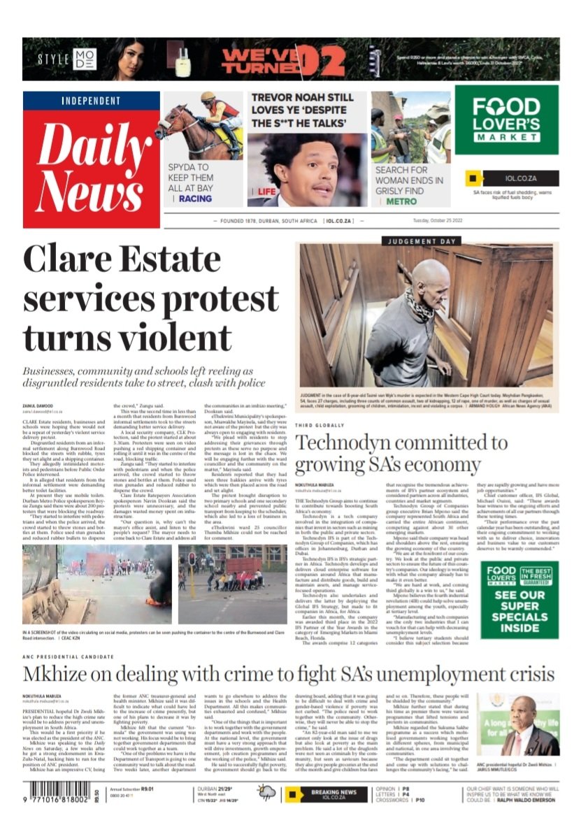 DailyNewsSA's tweet photo. Our front page on October 25, 2022 #eThekwiniMunicipality #ServiceDelivery #ZweliMkhize #Crime #Unemployment https://t.co/lnv9CqB2EZ