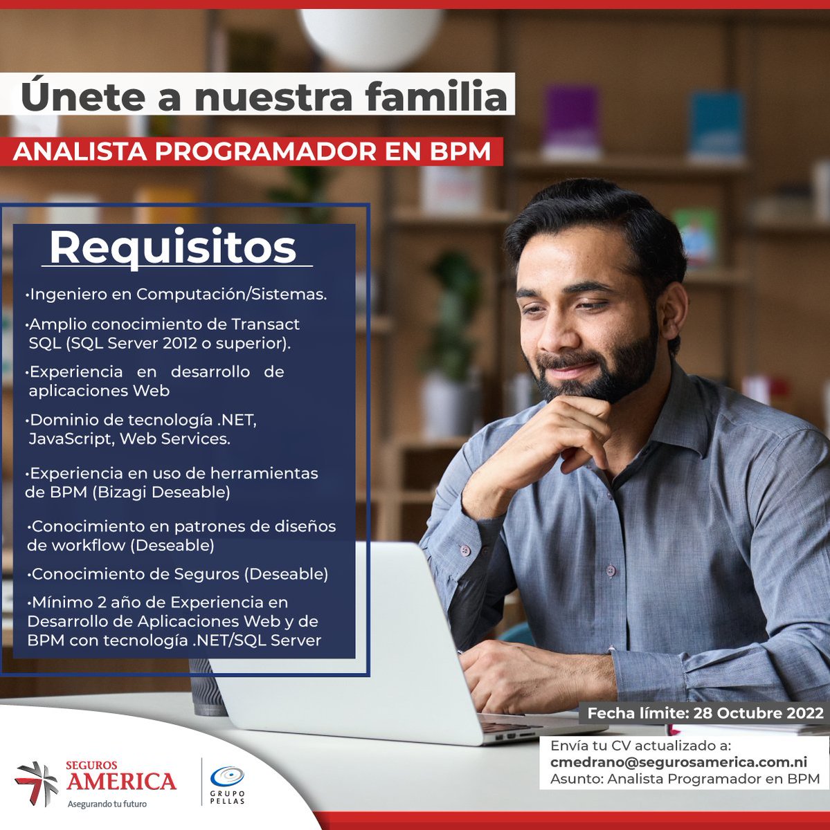 ¡Te estamos buscando! 🤓 Si cumples con los requisitos indicados para nuestra vacante de analista programador BPM, nos dudes en enviarnos tu CV a la dirección indicada. 😁