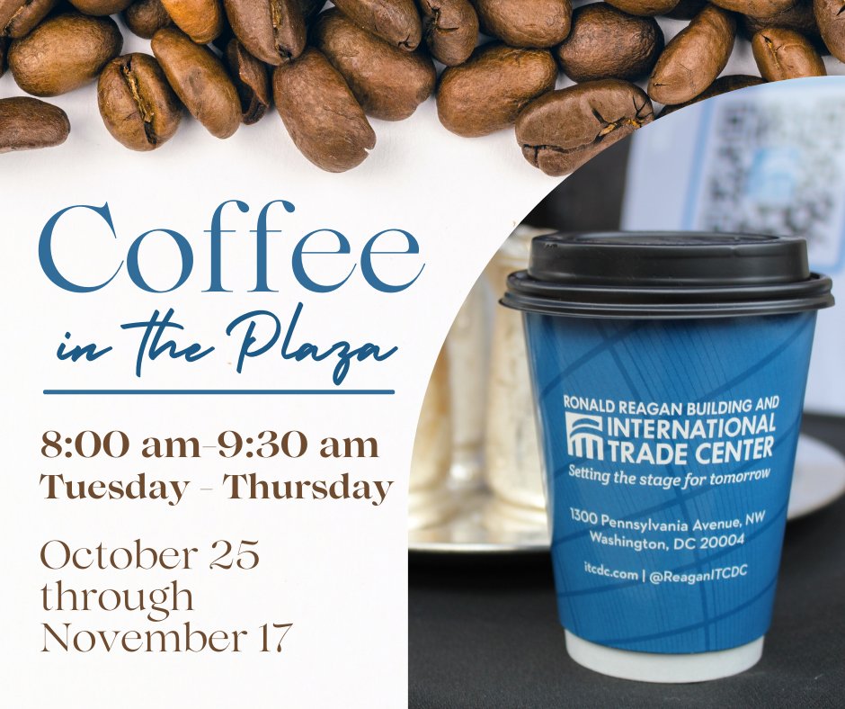 ReaganITCDC's tweet photo. ☕️Let us help jumpstart your mornings; pick up a free coffee on #WilsonPlaza starting tomorrow, October 25 from 8:00-9:30 am. Look for the blue #TeamTCMA tents, stop by to say hello and learn more about our community events, dining options, amenities and more. https://t.co/NHCNI7NLGl