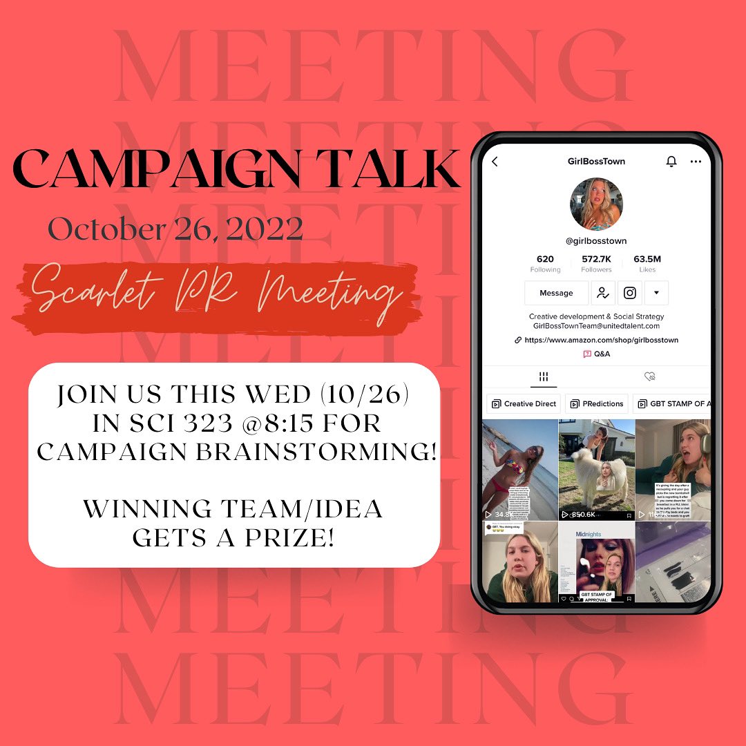 RU_ScarletPR's tweet photo. Join us this Wednesday (10/26) to
brainstorm &amp; collaborate on campaign ideas!! You won't want to miss out - the team with the most creative pitch
will win prizes!! 🥳

8:15PM in SC&amp;l 323 - see you there! https://t.co/Gf7RHA9oa4