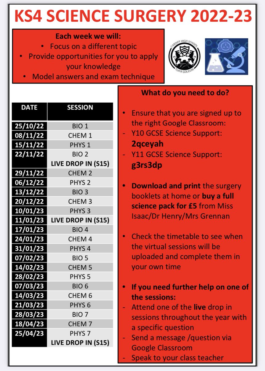 KS4 Science Surgery 2022-23 kicks off tomorrow with Biology. All of the details on how to take part have been shared in class, but here’s a reminder! Booklets available in the dept for £5 or can be downloaded from Google Classroom.