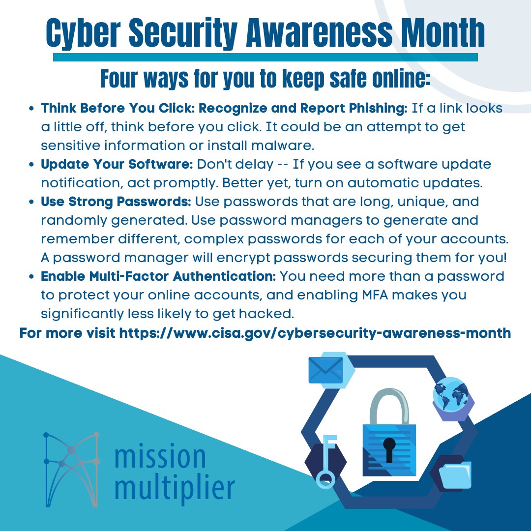 MissionMultiply's tweet photo. October is Cyber Security Awareness Month. Mission Multiplier encourages you to keep safe online by taking the following steps presented by the CISA (Cybersecurity &amp; Infrastructure Security Agency). #cybersecurityawarenessmonth #cybersecurity #cybersecurityawareness #becybersmart https://t.co/L3uTkVYEO3