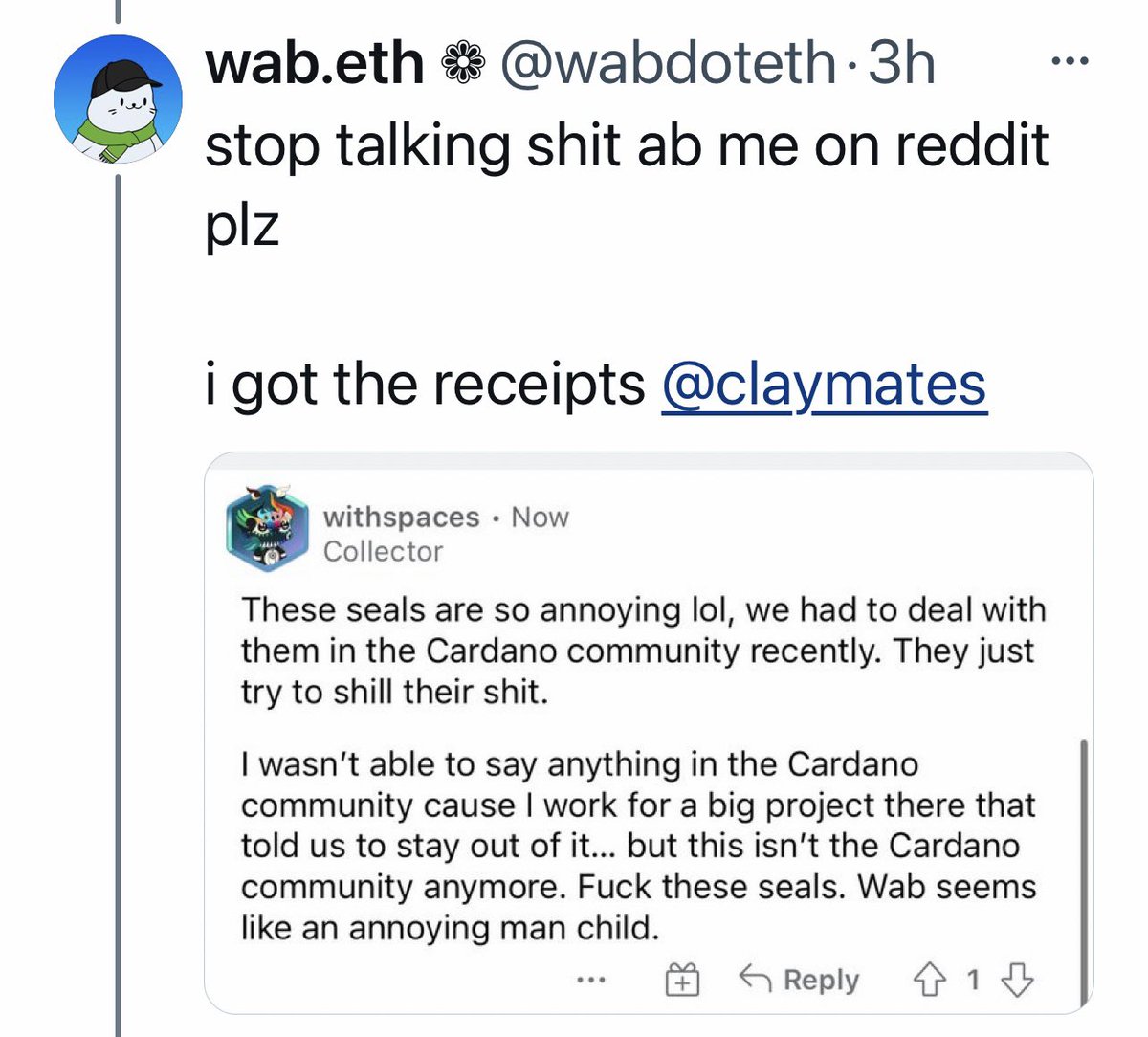 meta_clay's tweet photo. He has one receipt, that isn’t either of the founders. You will never see the women of CN denigrate any project, and to suggest they would is an outright lie, @wabdoteth. #cnft #nft #eth https://t.co/4k4Jd5nDkk