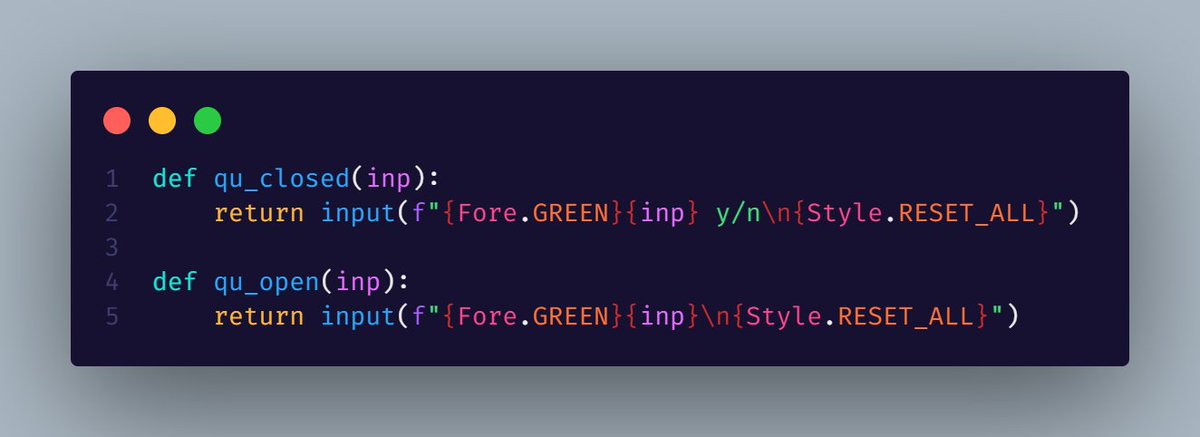 60_47_62's tweet photo. I must say. I love my mini functions!

Day 4 of #100DaysOfCode #pythonprogramming 

Open Question and Closed Question : these 2 mini functions format an input to reflect the styling I want for questions. This has saved me a fair bit of work so far in this program alone. https://t.co/jYyyPsaJnj