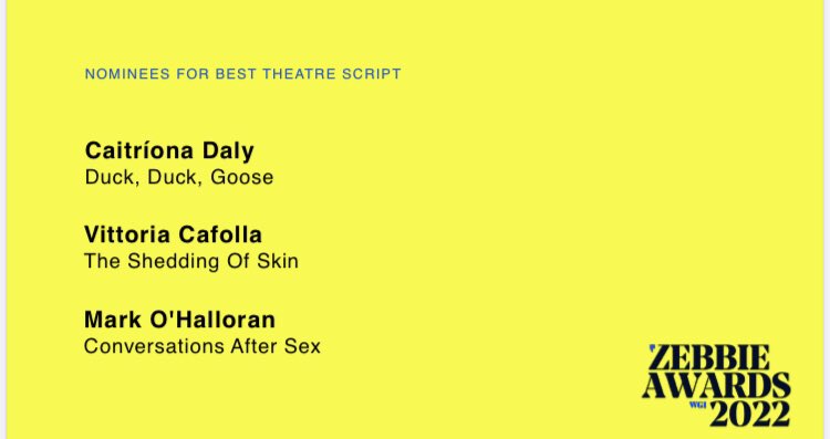 WritersGuildIRL's tweet photo. And The Zebbie for best Theatre script goes to…..SURPRISE! Joint winners @markohalloran and @caitrionadaly! A theatre tie! Oh the drama https://t.co/X0ja31VtYR