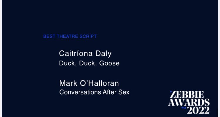 WritersGuildIRL's tweet photo. And The Zebbie for best Theatre script goes to…..SURPRISE! Joint winners @markohalloran and @caitrionadaly! A theatre tie! Oh the drama https://t.co/X0ja31VtYR