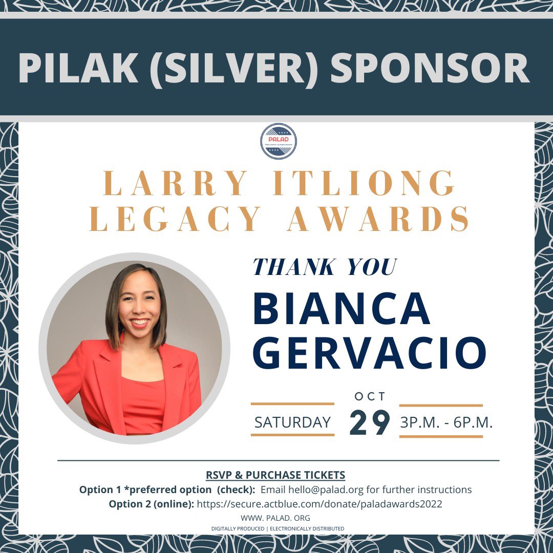 PilipinoDems's tweet photo. Thank you, Bianca Gervacio, for sponsoring PALAD at the Pilak (Silver) level! Join us this Saturday, October 29th for our 2022 Larry Itliong Legacy Awards! Become a sponsor and purchase tickets to attend at https://t.co/tzdp0iVQ5b
#FAHM2022 #LarryItliong #PALAD https://t.co/6sBh3VI6fQ