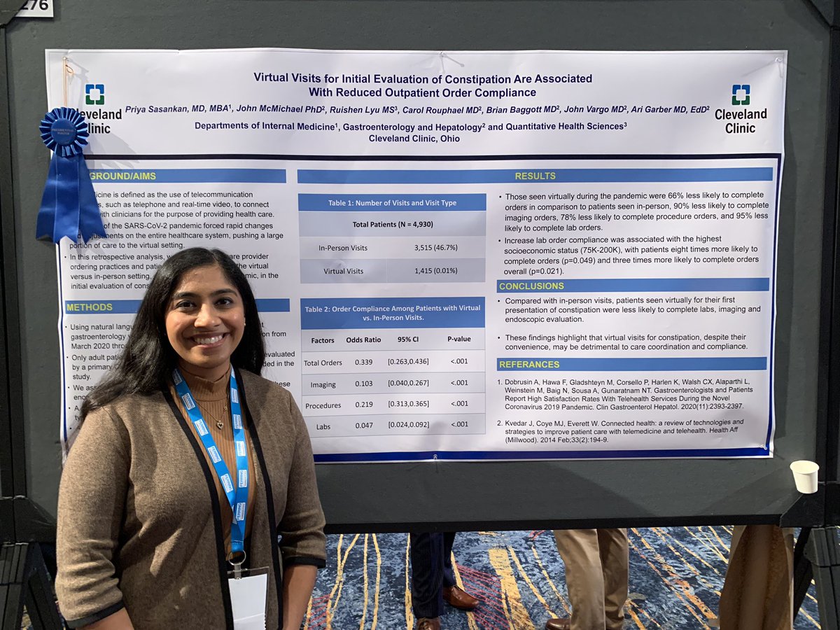 @priyasasMD presenting Presidential poster award 🥇study on virtual visits for constipation at #ACG2022: co-authors @CarolRouphaelMD @Ari_G_MD @JohnVargoMD. Those seen for virtual visits less likely to follow up on testing compared to in person visits. @Mud_Fud @CCF_IMCHIEFS