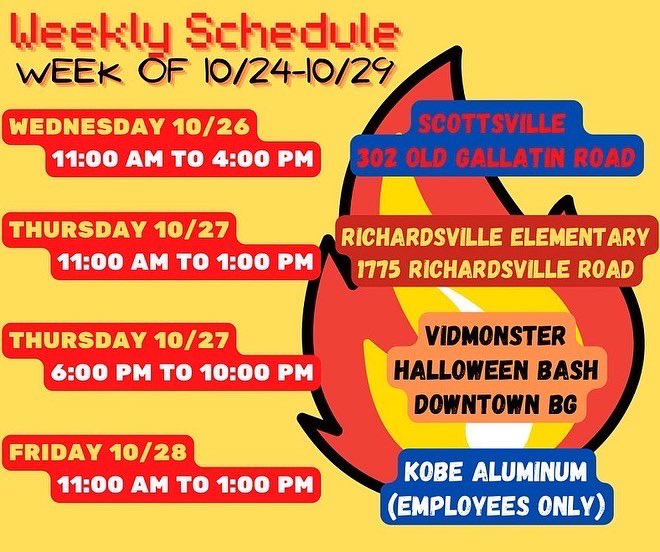 BigAlsHOTDAMN's tweet photo. Here’s the rest of the week!
#bigalshotdamnchicken #hotdamn #bowlinggreenky #bgky #bgkyfoodtrucks #kyfoodtrucks #bgtight #buylocalbg https://t.co/OH8MSSu53Y