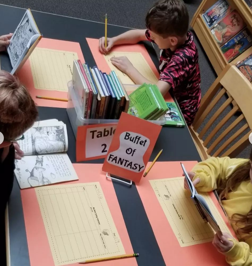ambroselibrary's tweet photo. The tables are set for 2nd grade students to have book tasting! They are moving through different 'buffet' tables searching for just right books that look 'tasty'!
@ambroseelementary https://t.co/XpoW9IR0Kw