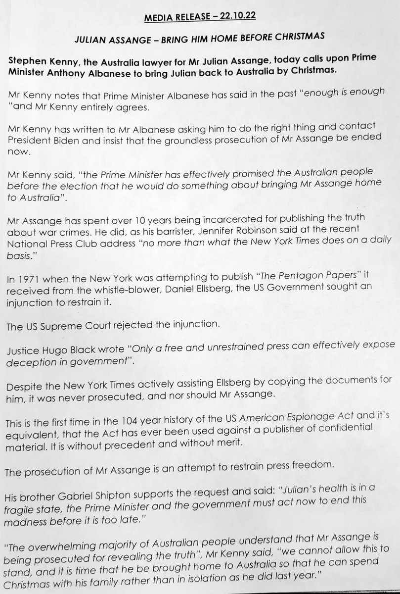 Media release from Julian #Assange's Australian lawyer Stephen Kenny - Bring Him Home By Christmas #FreeAssangeNOW