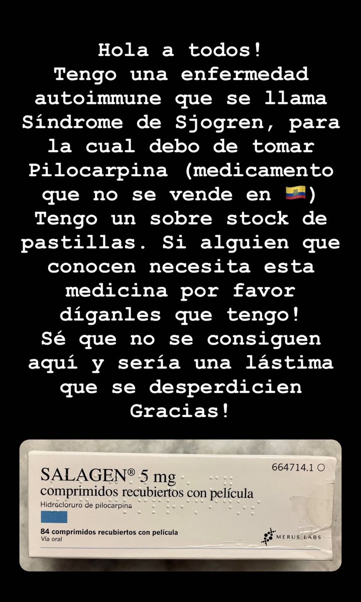 andreitagomezn's tweet photo. Hola a todos! Tengo una enfermedad autoimmune que requiere un medicamento que se llama Pilocarpina, que no se vende aquí. Tengo sobre stock de estas pastillas. Por si conocen a alguien que pueda necesitar! https://t.co/fdY3lXJ6ld