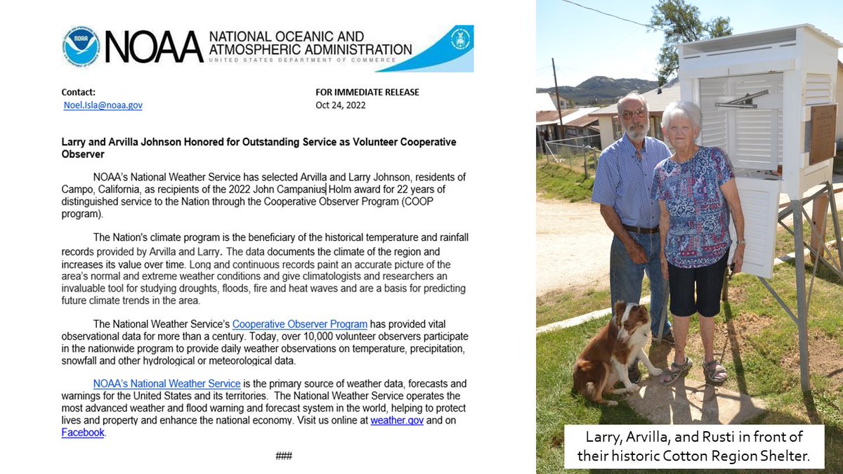 We are excited to honor Larry and Arvilla Johnson for their outstanding service as cooperative observers. They are the recipients of the NWS John C. Holm award for 2022. They have been coop observers for 22 yr, but their family has been sending observations for the past 90 yr.