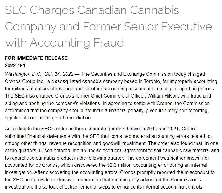 Reminiscence of the #Weediocy days of 2018/2019 🤦‍♂️
SEC figuring out some shady shit was happenin over at $CRON... bout 4 years after short sellers pointed out the obvious... classic.
sec.gov/news/press-rel…