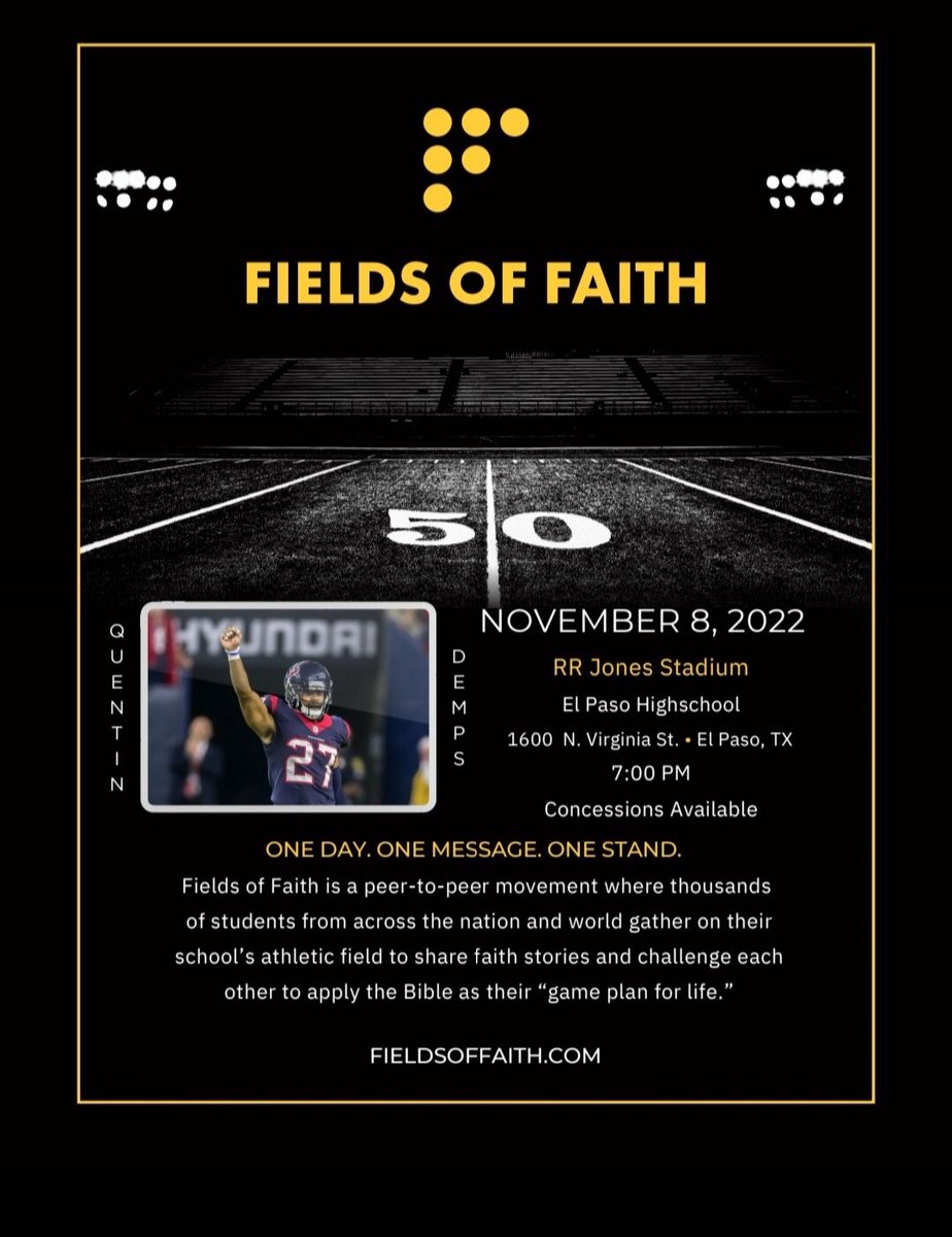 BeauBagley's tweet photo. El Paso FCA @ElPasoFCA is hosting their Fields of Faith event at El Paso High November 8th. Speakers: former @UTEPFB &amp; NFL DB Quintin Demps @QDemps Boobie Miles, Deion Hankins @DeionHankins and Tyrone McDuffie @TyroneMcDuffie3 https://t.co/K0E6YfdLwy