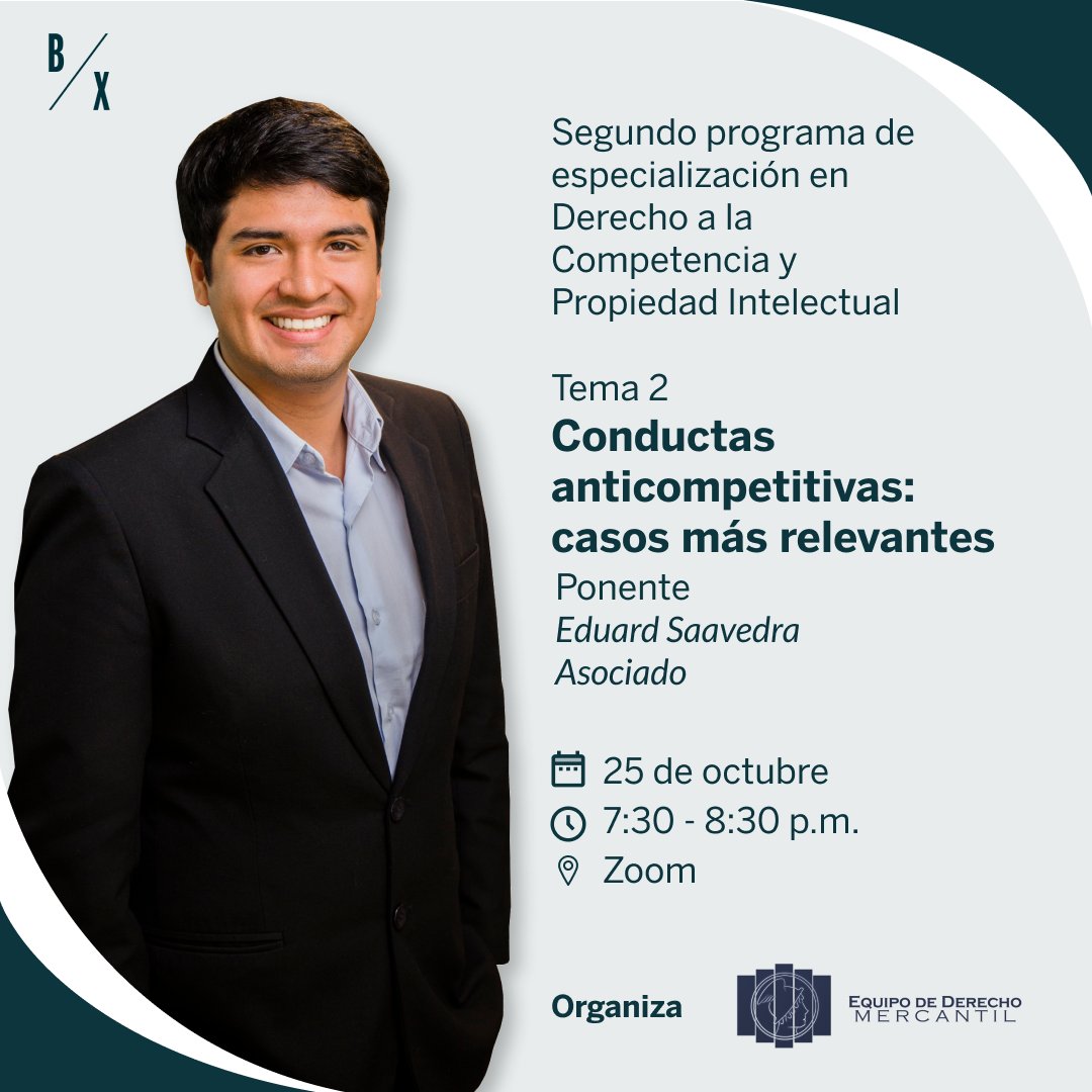 BaxelPeru's tweet photo. Mañana Eduard Saavedra hablara de libre competencia en el programa de especialización organizado por @eqmercantil 

Regístrate en el programa de especialización: https://t.co/Js1B3hjpEq

#BaxelAcademics #antitrust #pucp #librecompetencia #abogados https://t.co/1fURoTHcoS