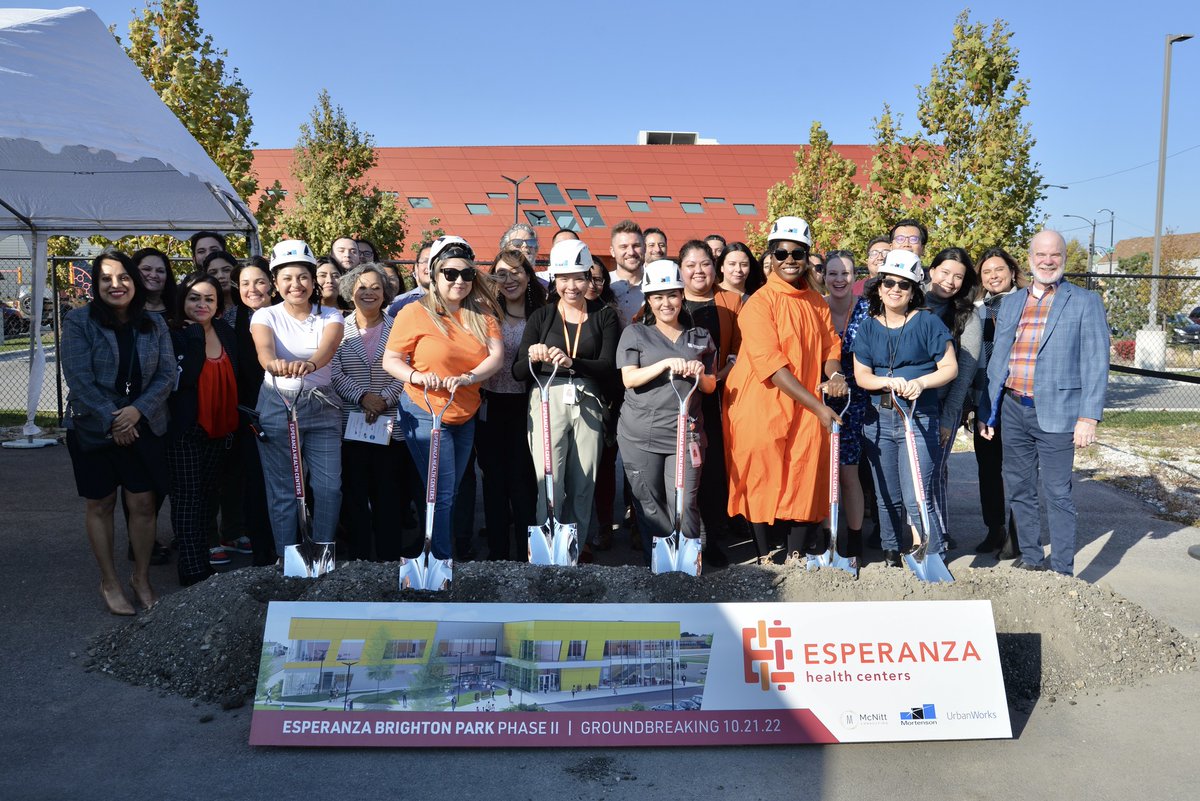 EsperanzaHealth's tweet photo. Last Friday, Esperanza &amp; friends gathered to celebrate the groundbreaking for Phase 2 of our Brighton Park health campus on 47th &amp; California. Opening in the fall of 2023, this 43,000 sq ft building will offer new services for seniors &amp; more access to clinical &amp; behavioral health https://t.co/N1EntVtKNs