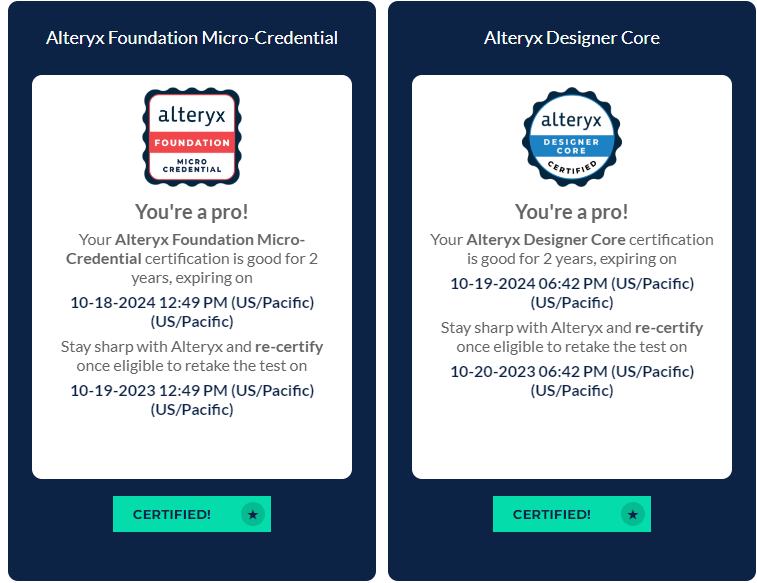 Completed both of my Alteryx Credentials! Thanks to <a href="/MMcFadden93/">Michael McFadden</a> and all of #DSNY1 for all the help!

#DSNY2