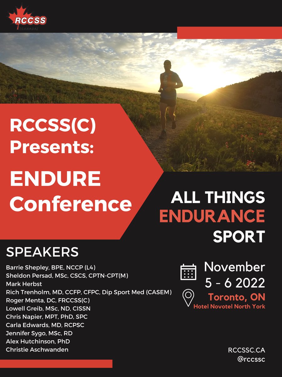 RCCSS(C) Endure conference: Great speaker line up & still time to register! Head to our site NOW: rccssc.ca/index.php/regi… #RCCSSC #RCCSSCEndure @Barrieshepley @richtrimuskoka @DrRogerMenta @runnerphysio @cragcrest @sweatscience @JenniferSygo @sportmeddoc