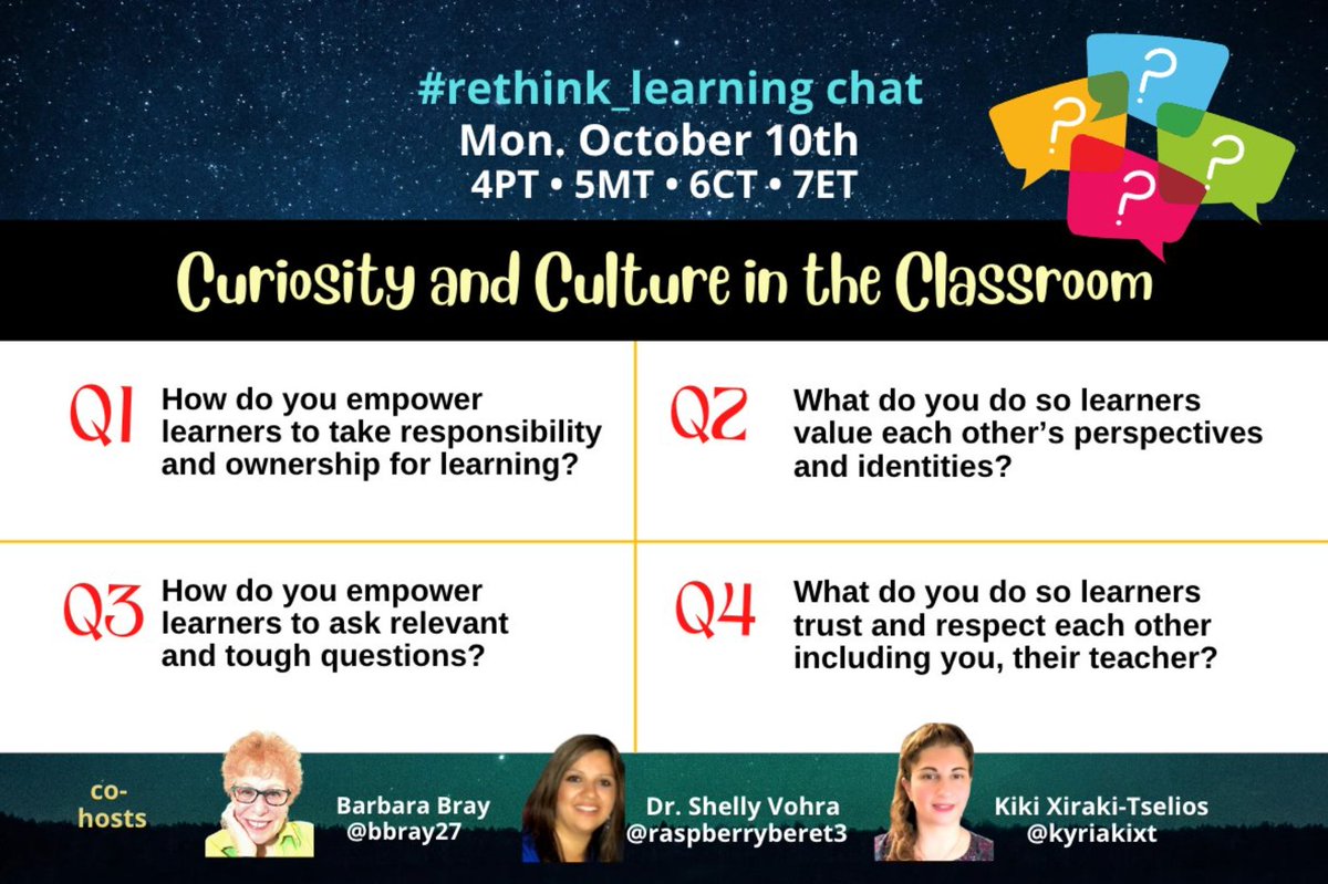 Join us today 10/24/22 at 4PT/5MT/6CT/7ET for the #rethink_learning chat ❓Curiosity & Culture in the Classroom @KFelicello @fablefy @cvarsalona @laurabeess @kids_chem @inc_yv @melching5 @DHarrisEdS @Meme2rat @MrWeimann @SueThotz @TigerMolly11 @Toups_J @pammoran @msjingold @rolat