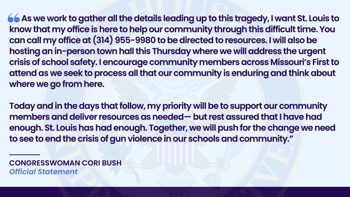 I am devastated for the students, families, teachers &amp; staff impacted by gun violence at CVPA High School this morning.

As we mourn and deal with the trauma of this tragedy, my office is here to serve those in need. You can reach us at 314-955-9980.