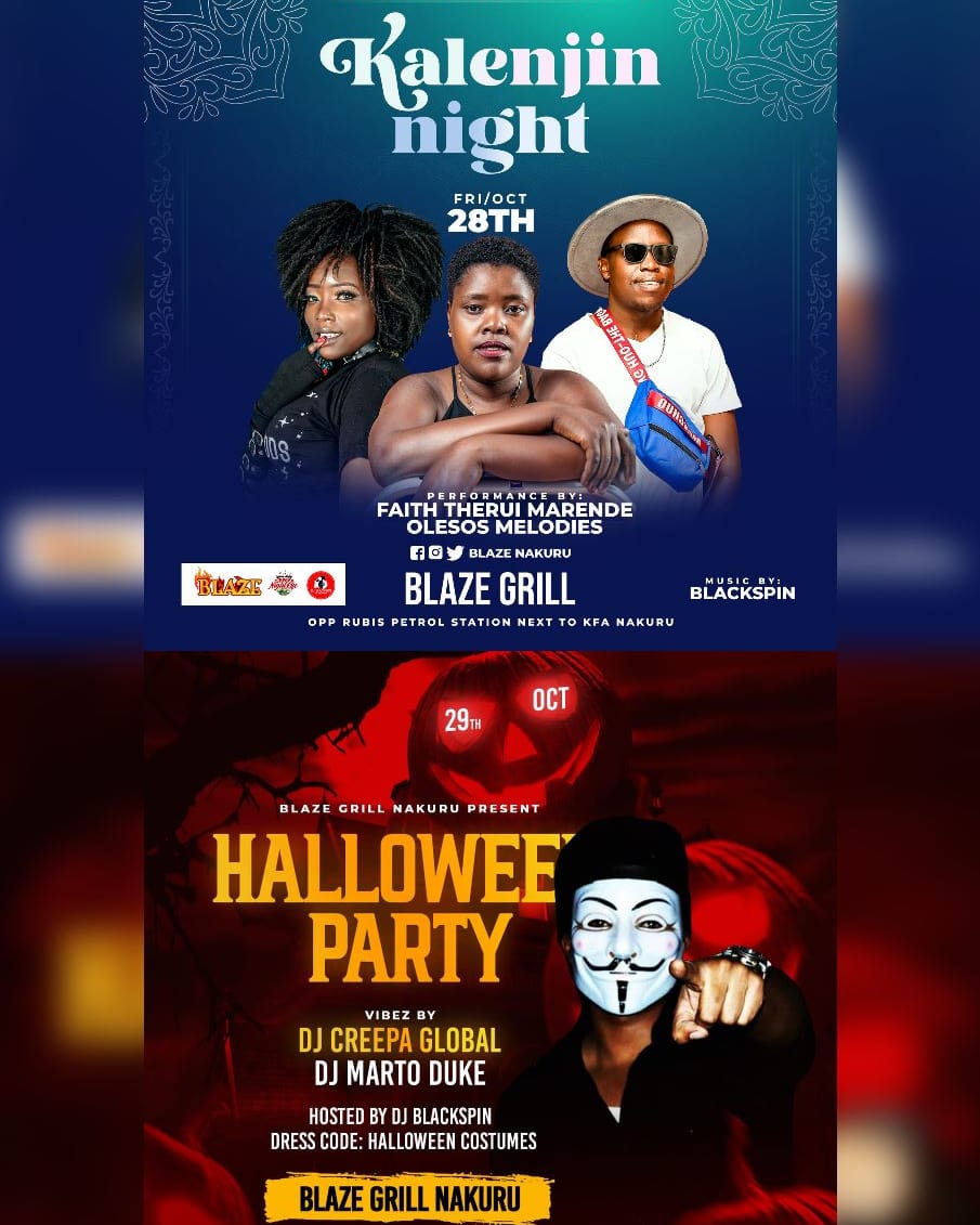 BlazeNakuru's tweet photo. This weekend it's gonna be a blazing 
FRIDAY: KALENJIN Night
SATURDAY: Halloween Party 
#tufikeblazenakuru
#nakuru
#nakurunightlife 
#kenyanightlife
#MAMA2022 
#StrayKids 
#HenryCavillSuperman 
#ruto 
#kalenjin https://t.co/THphrHL42n