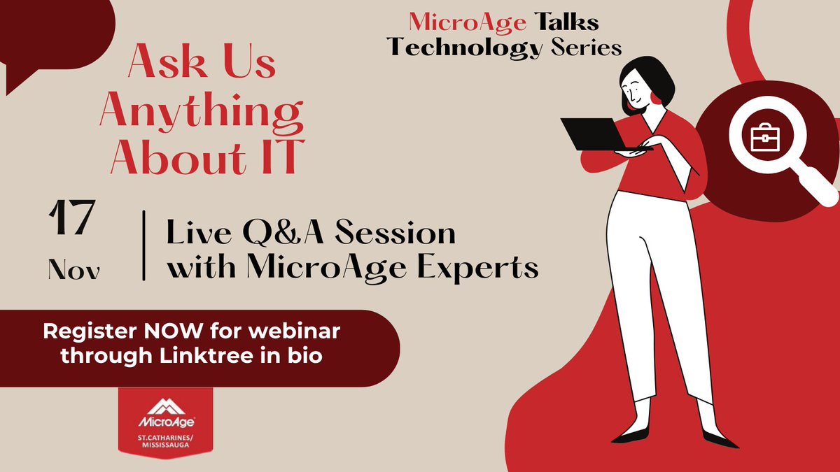 MicroageTech's tweet image. All webinar participants will also have a chance to win one of two $100 Amazon gift cards.

So, get your questions ready and join our panel of MicroAge experts for
a 60-minute open Q &amp;amp; A session on Thursday, November 17th at 1:15 p.m. eastern.

Resister now Linktree in bio!