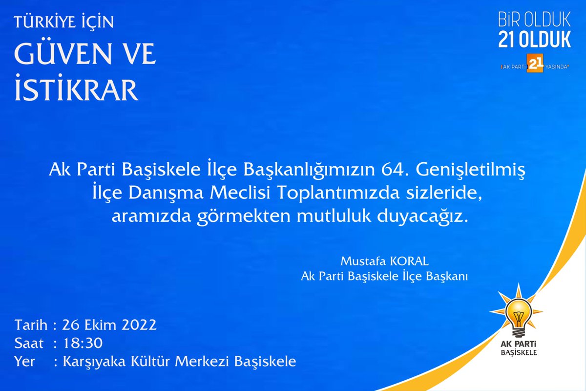 AK Parti Başiskele İlçe Başkanlığı
64.Genişletilmiş Danışma Meclisi

📍Karşıyaka Kültür Merkezi (Başiskele)
🗓26 Ekim 2022 Çarşamba
🕣18:30'da