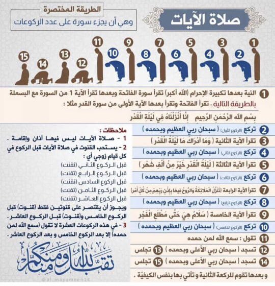 غدا الساعة الواحدة وعشر دقائق سيحدث كسوف للشمس يرى في العراق فتجب صلاة الايات وهي بهذه الطريقة المختصرة ،، تقبل الله منا ومنكم صالح الأعمال