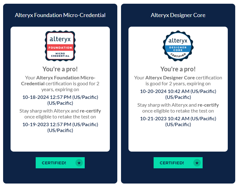 After a long week of Alteryx training with <a href="/MMcFadden93/">Michael McFadden</a> and #DSNY2, I'm happy to share that I am finally Alteryx certified. Thank you #DSNY1 and <a href="/ly_kinley/">Kinley Ly</a> for your helpful test-taking tips!