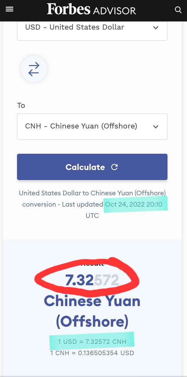 USD to offshore Chinese Yuan conversion is 1 USD to 7.32 Yuan, reaching new heights on 10/24/22 the day after #Xitler got his 3rd term. It means not only foreign investors are fleeing 🇨🇳but also we will see Yuan rapid devaluation leads to hyperinflation in #CCP fascist #China.