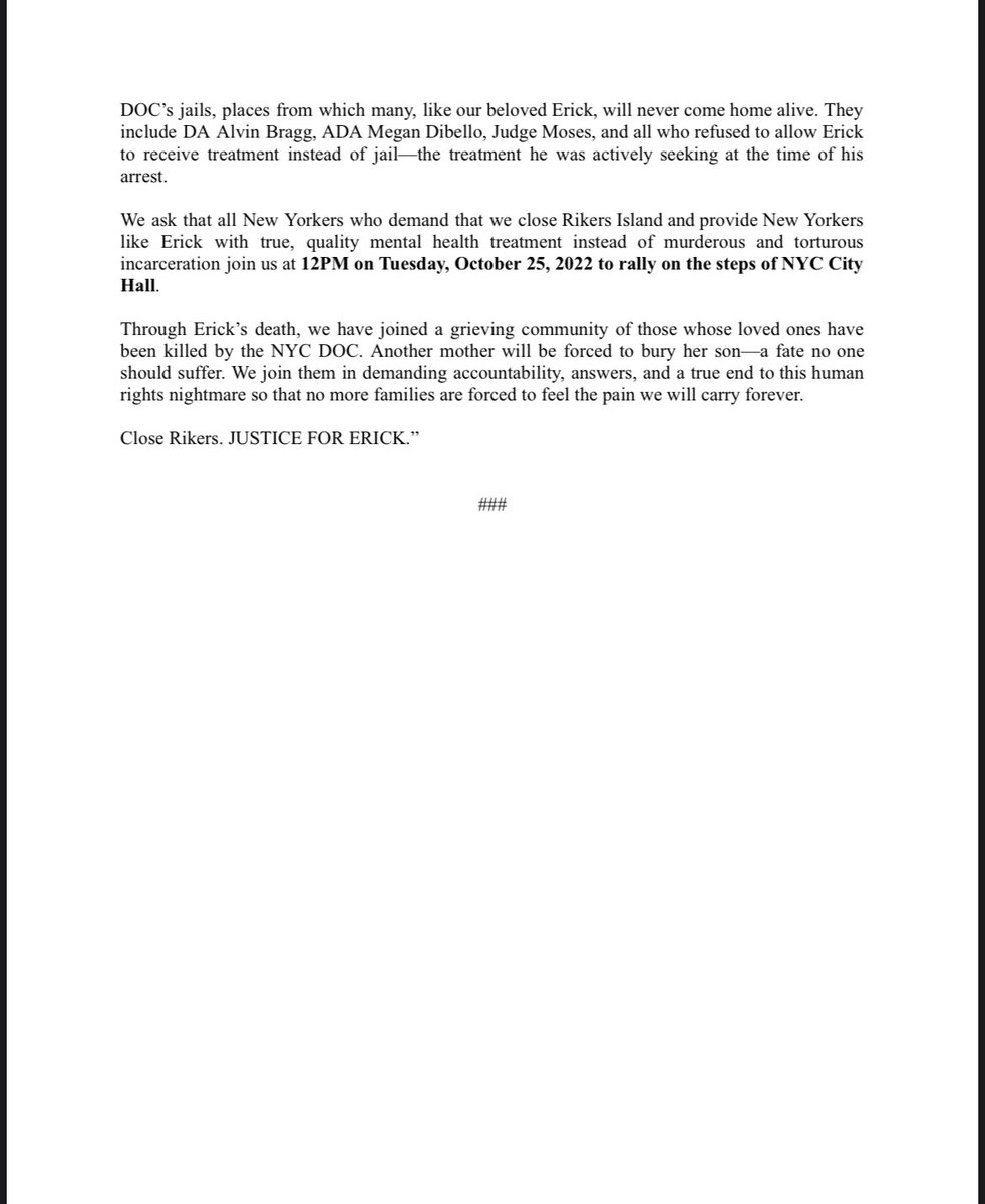 PRESS RELEASE: From the family of Erick Tavira—a beloved son, brother, grandson and the 17th New Yorker killed in 2022 by the NYC DOC. 

Please join us tomorrow @ 12PM @ City Hall as they demand that the City close Rikers &amp; provide NYers with quality health treatment, not jails.