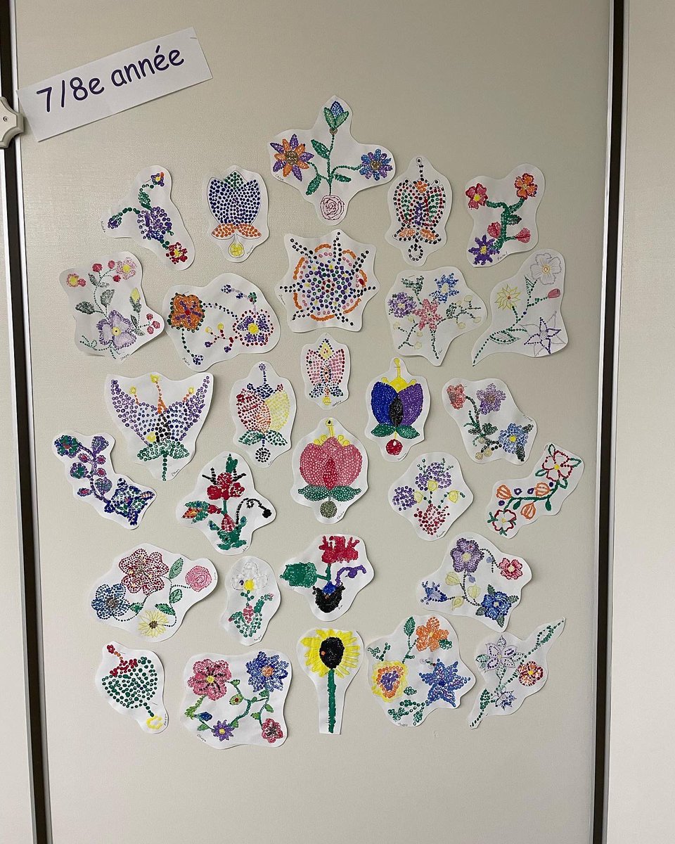 EcoleOBR's tweet photo. Métis pointillism/ dot art representing floral beadwork. Beautiful projects from K-8 plus some group ones as well @EcoleOBR @GSCSNews https://t.co/o0NkFHjHqN