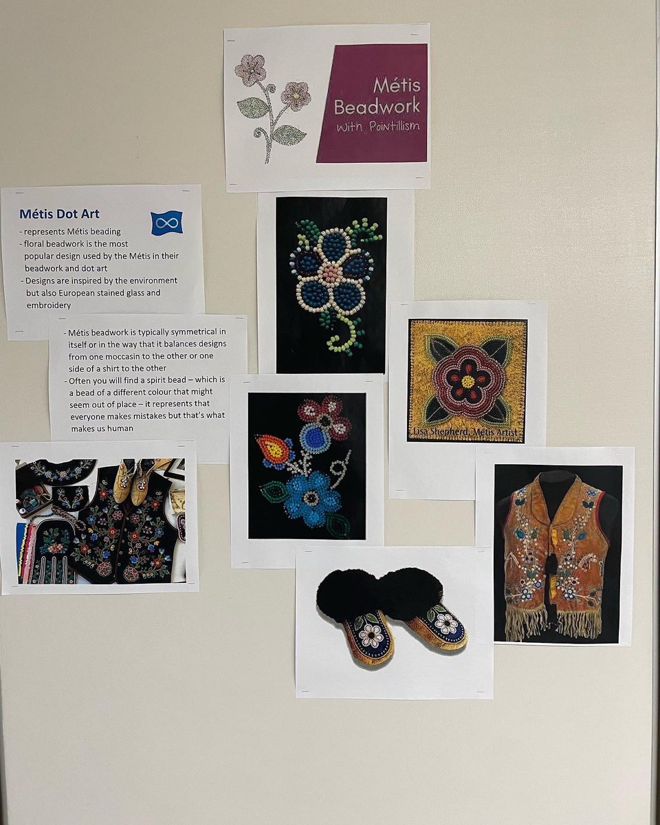 EcoleOBR's tweet photo. Métis pointillism/ dot art representing floral beadwork. Beautiful projects from K-8 plus some group ones as well @EcoleOBR @GSCSNews https://t.co/o0NkFHjHqN