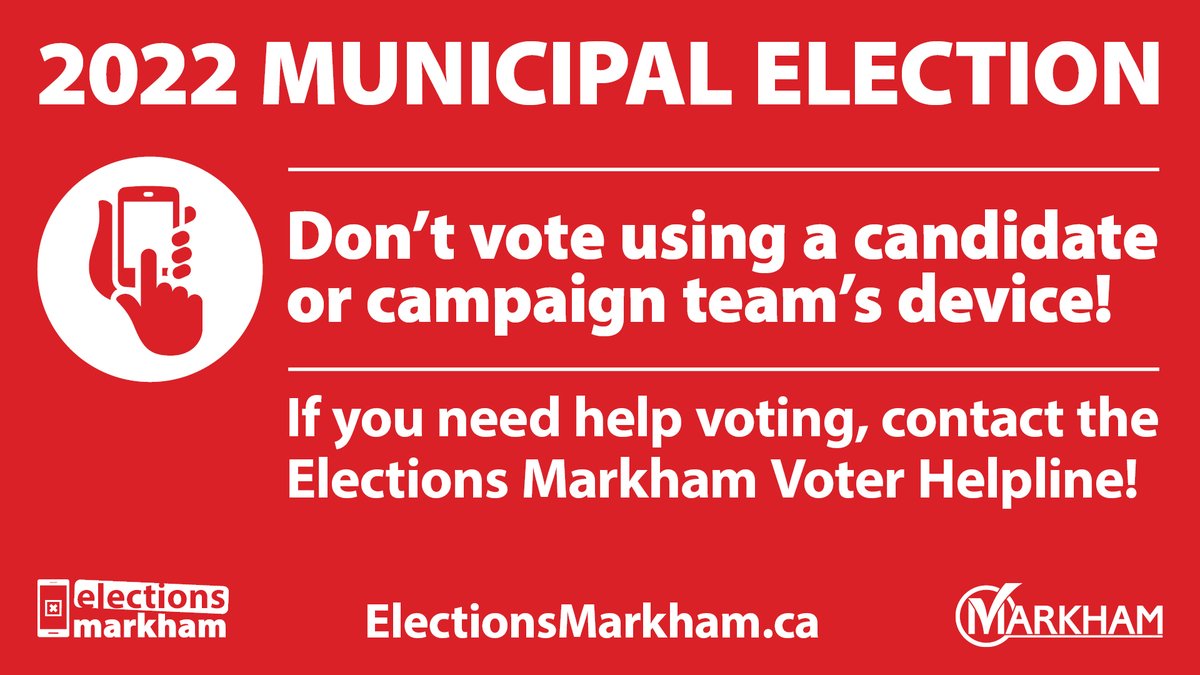 cityofmarkham's tweet photo. Don't vote using a candidate or campaign team's device! If you need help voting, contact the Elections Markham Voter Helpline!

Learn more: https://t.co/h3APF8eltz

#MarkhamVotes
#MarkhamElection
#MkmPoli https://t.co/oG74uFo2MZ