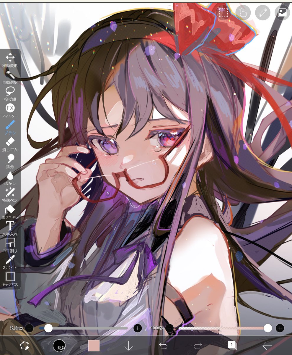 akemi homura 1girl long hair solo glasses purple eyes red-framed eyewear ribbon  illustration images