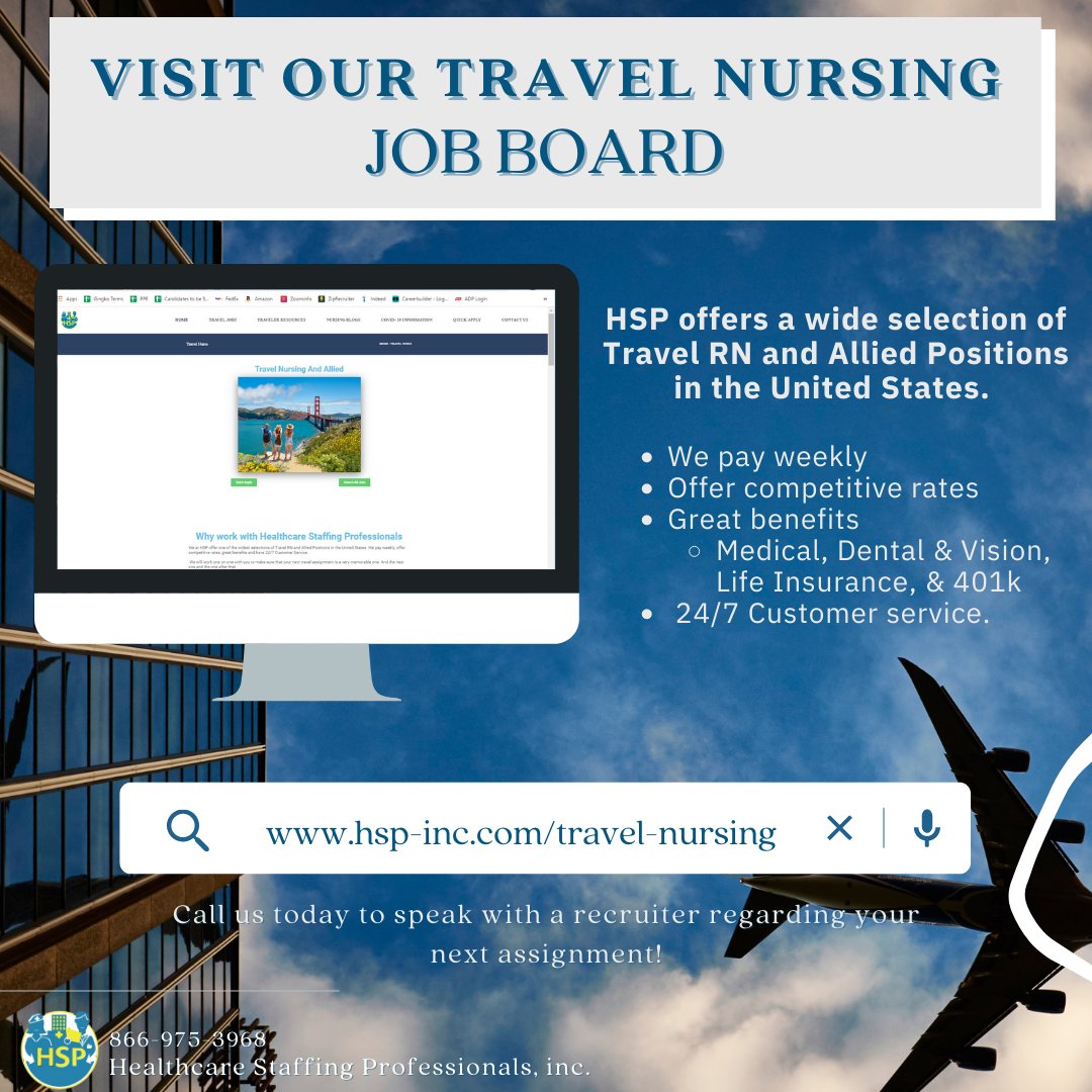 Have your next travel assignment be with HSP! We work with you to make sure your next assignment is memorable & meets your needs. To view all our Travel opportunities visit us at hsp-inc.com/travel-nursing #travelnursing #travelrn #travelnurselife #registerednurse #rn #rnlife