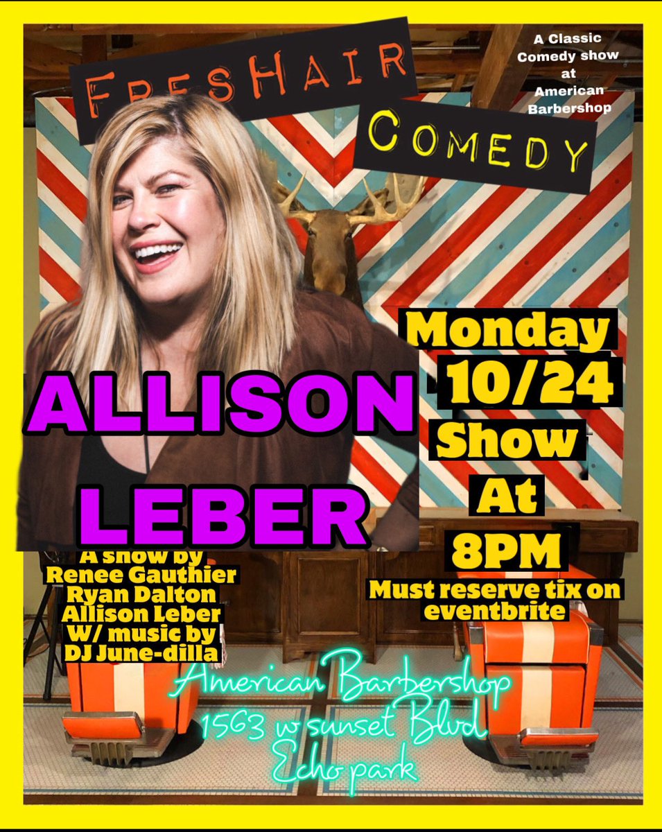 ComedyFreshair's tweet photo. The amazing @Allisonleber hosts #FresHairComedy TONIGHT 8pm in #echopark! BYOB! (And some free 🍸🍹🍸🍹) reserve seats now! Link in bio. https://t.co/Vgm2bL3jIn