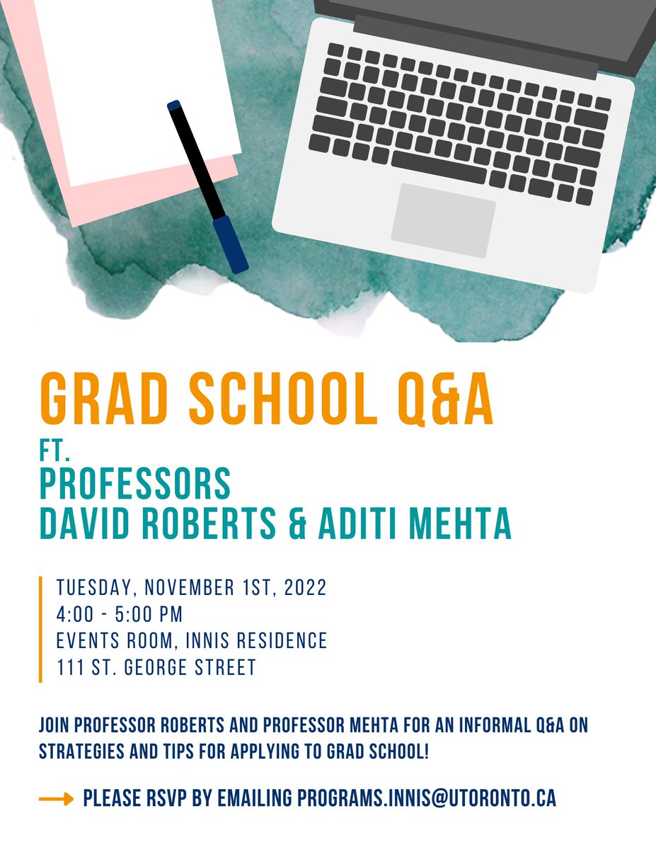 USPUofT's tweet photo. Do you have a ton of questions about applying to grad school but aren’t sure who to ask? Join Professors David Roberts and Aditi Mehta for an informal grad school Q&amp;A on Tuesday, November 1st from 4-5pm in the Events Room at Innis Residence (111 St. George Street). See you there! https://t.co/1E1yzYIAJ3