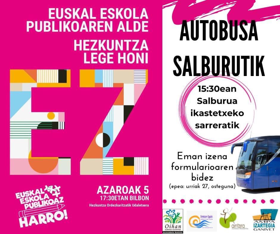 ArantzabelaHLHI's tweet photo. 🟣🟣🚌🚌🚌🟣🟣❗
Salburua, Errekabarri, Arantzabela eta Ganivet eskola publikoetako Familien Elkarteetatik azaroaren 5ean Euskal Eskola Publikoaren aldeko Topaguneak deituta Bilbon egingo den manifestazioan parte hartzera dei egiten dizuegu. https://t.co/DZJcC2gL5X