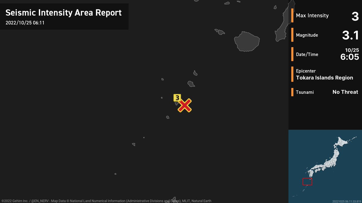 Earthquake Detailed Report – 10/25 At around 6:05am, an earthquake with a magnitude of 3.1 occurred near the Tokara Islands at a very shallow depth. The maximum intensity was 3. There is no threat of a tsunami. #earthquake