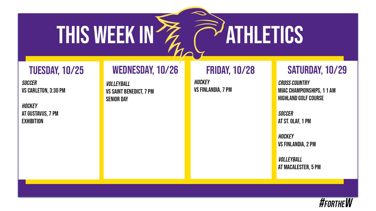 It's a big week for Wildcat athletics! 

✅<a href="/stkatessoccer/">St Kate's Soccer</a> regular season final
✅<a href="/stkatesvb/">St. Kate's VB</a> senior day and regular season final
✅<a href="/stkateshockey/">St. Kate's Hockey</a> season opener
✅<a href="/stkatesxctf/">St. Kate's XC/TF</a> MIAC Championships

#fortheW #mystkates