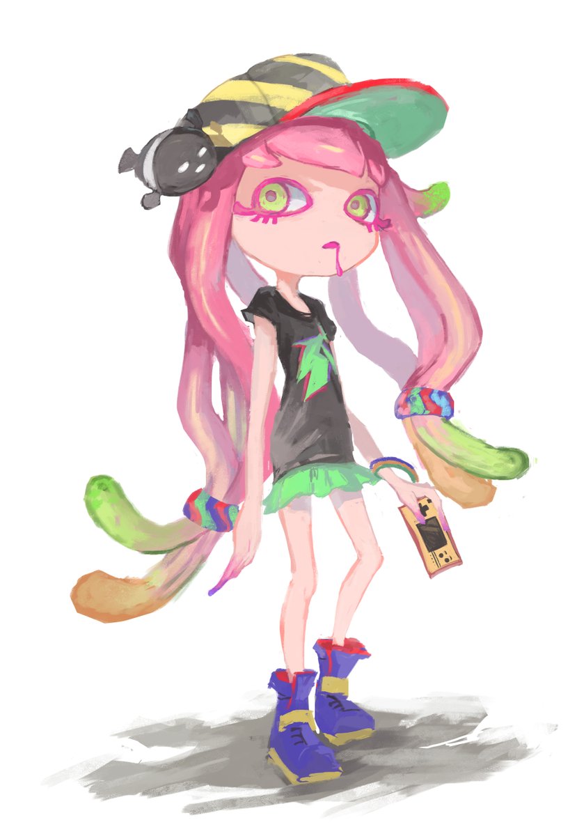 1girl skirt hat green eyes long hair drooling pink hair  illustration images
