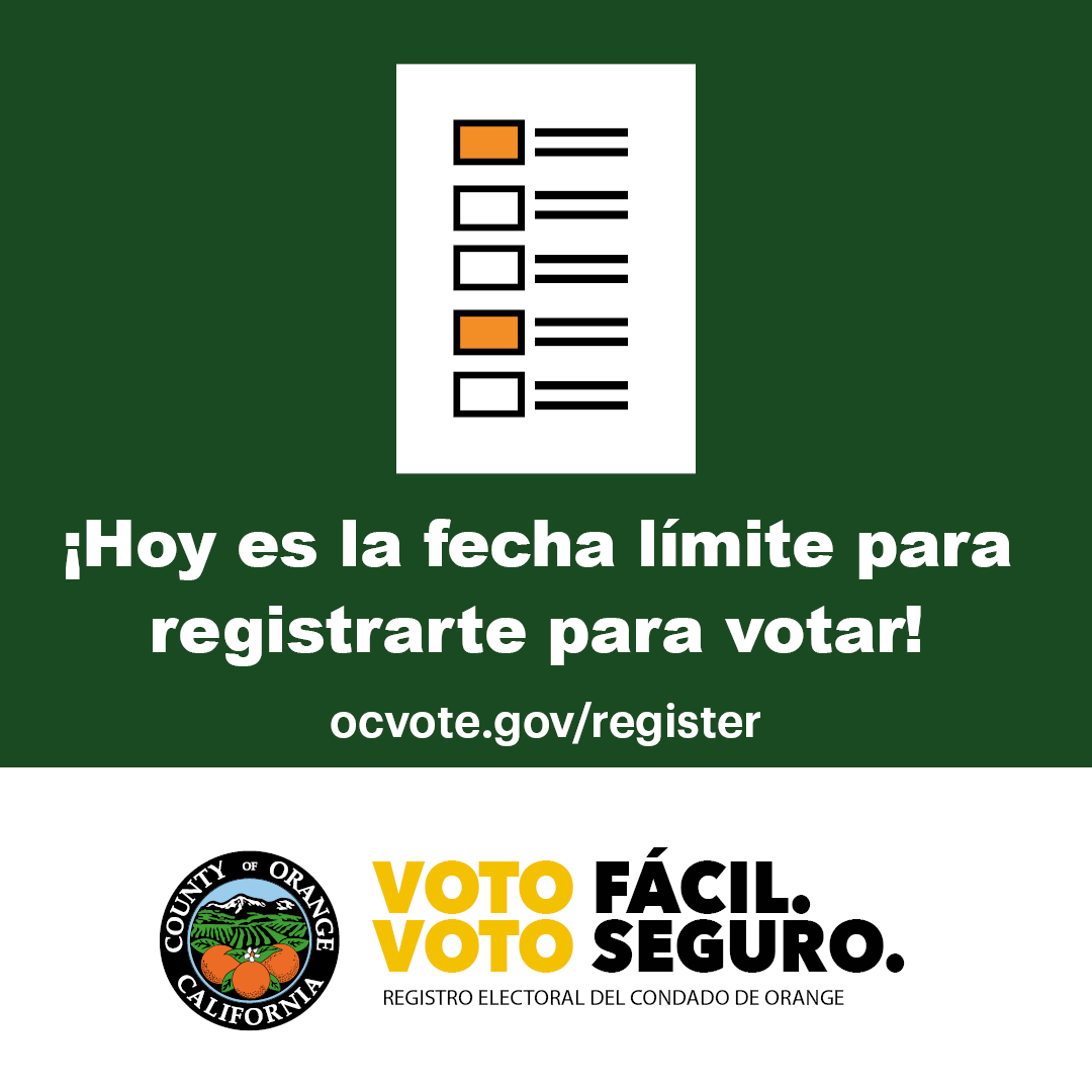 @OCGovCA 11:59 p.m. hoy es la fecha límite para registrarte para votar en las Elecciones Generales del 8 de noviembre de 2022. Regístrate para votar o actualiza tu registro hoy en registertovote.ca.gov (1/2)
